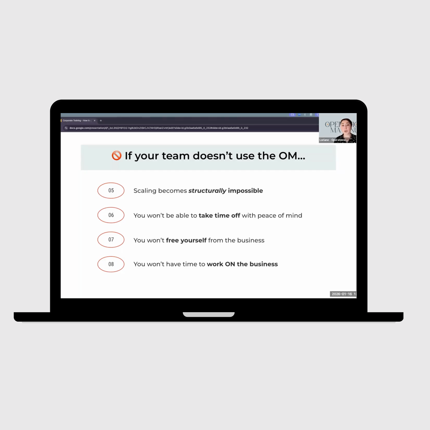 Laptop displaying a webinar slide about what happens if your team doesn't use the Operations Manual