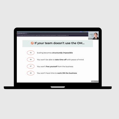 Laptop displaying a webinar slide about what happens if your team doesn't use the Operations Manual