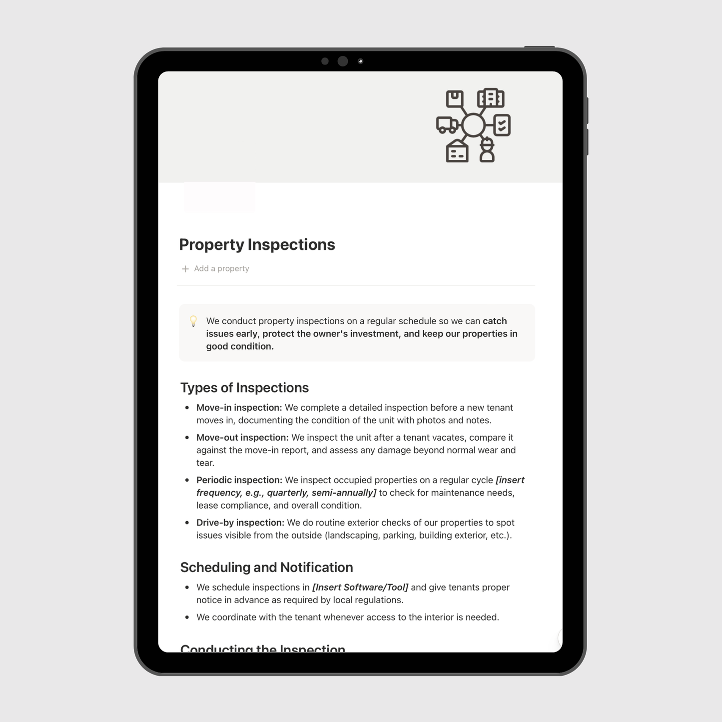 Tablet displaying a property inspection software interface on a light gray background