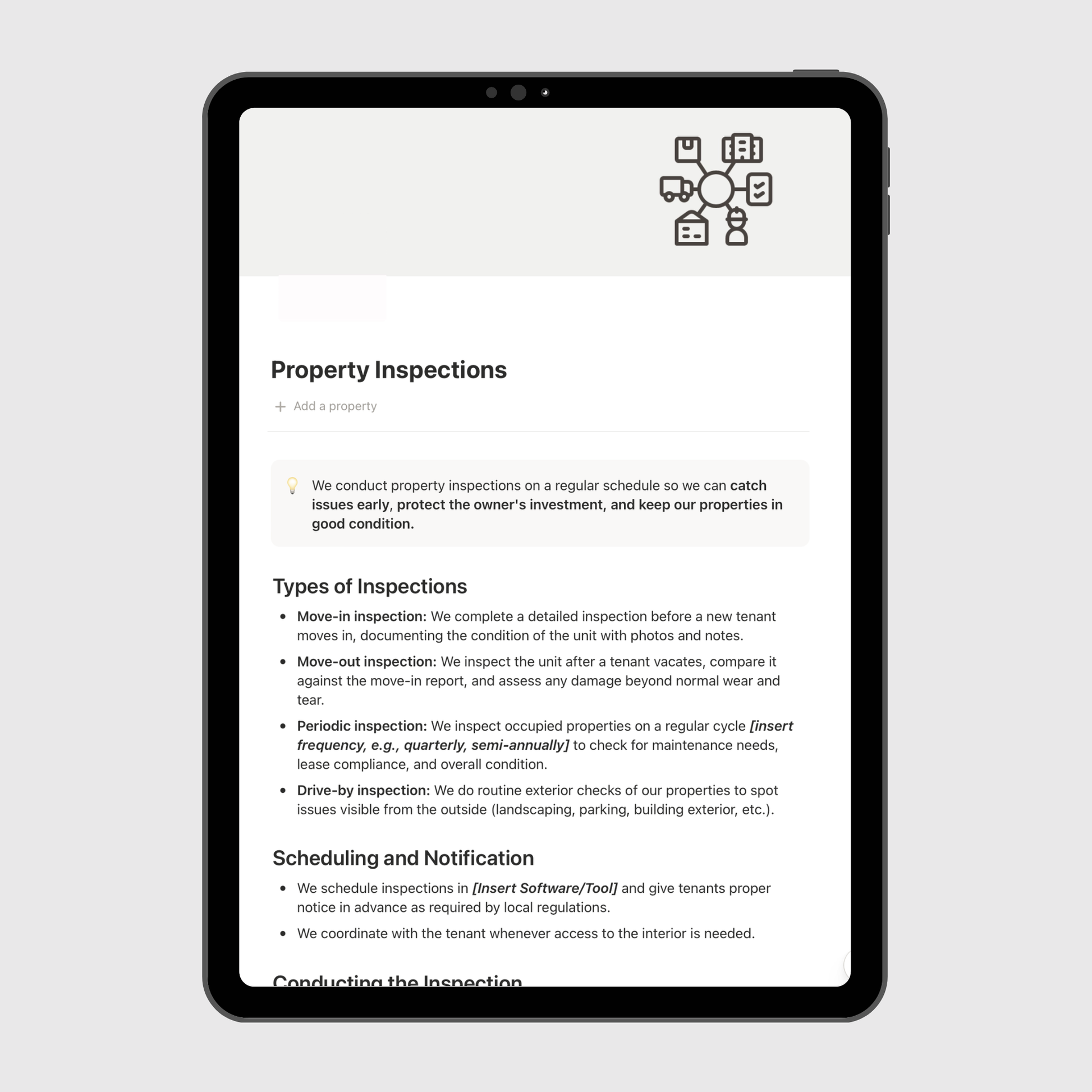 Tablet displaying a property inspection software interface on a light gray background