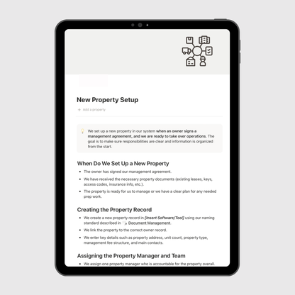 Tablet displaying a property management setup guide on a light gray background