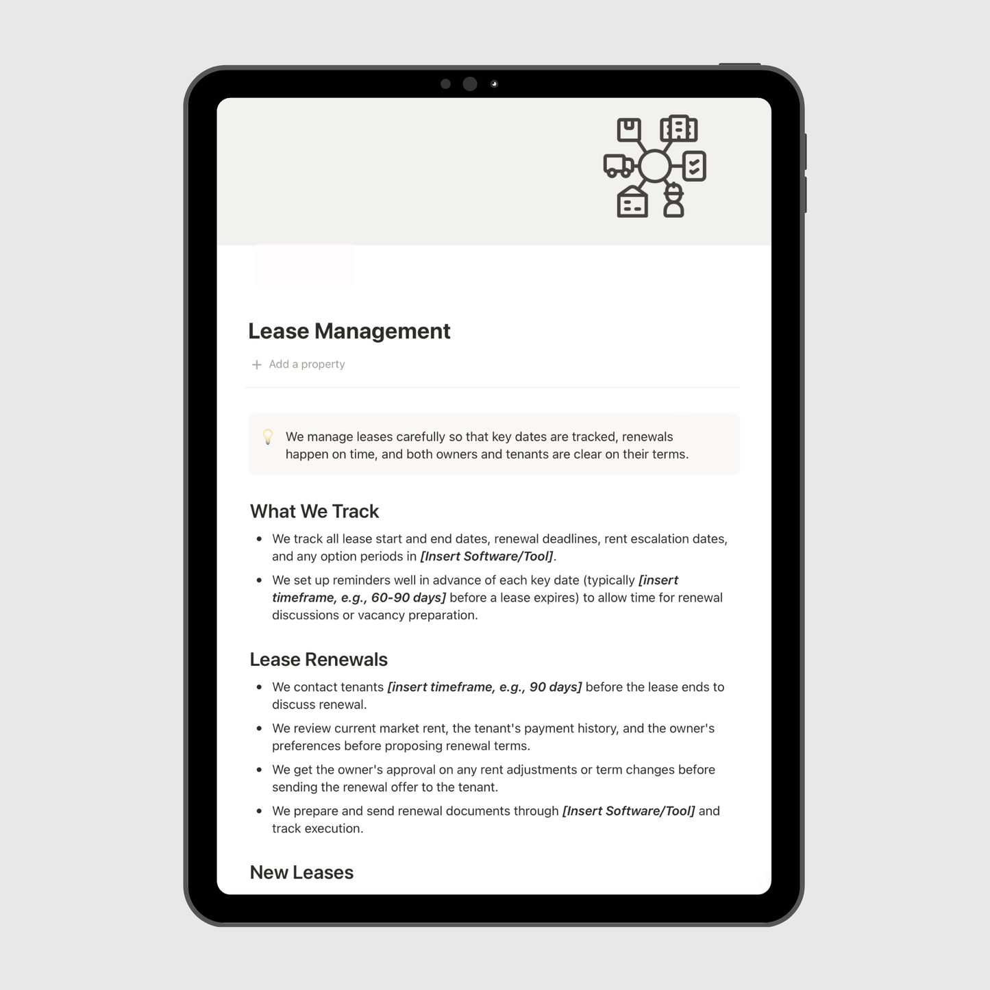 Tablet displaying a lease management software interface on a light gray background