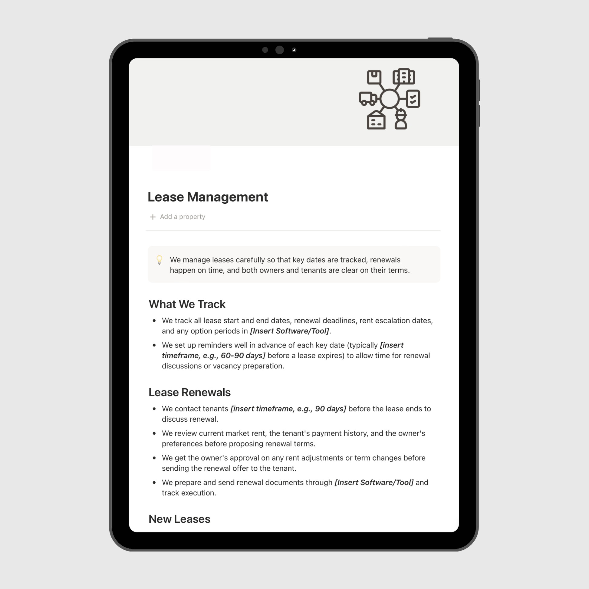 Tablet displaying a lease management software interface on a light gray background