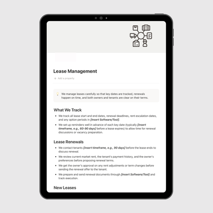 Tablet displaying a lease management software interface on a light gray background