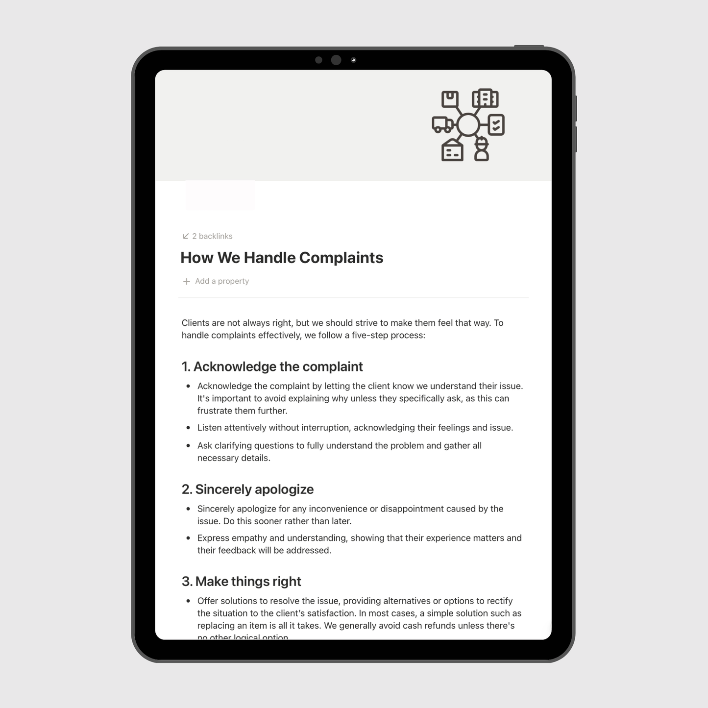 Tablet displaying a document titled 'How We Handle Complaints' on a light gray background