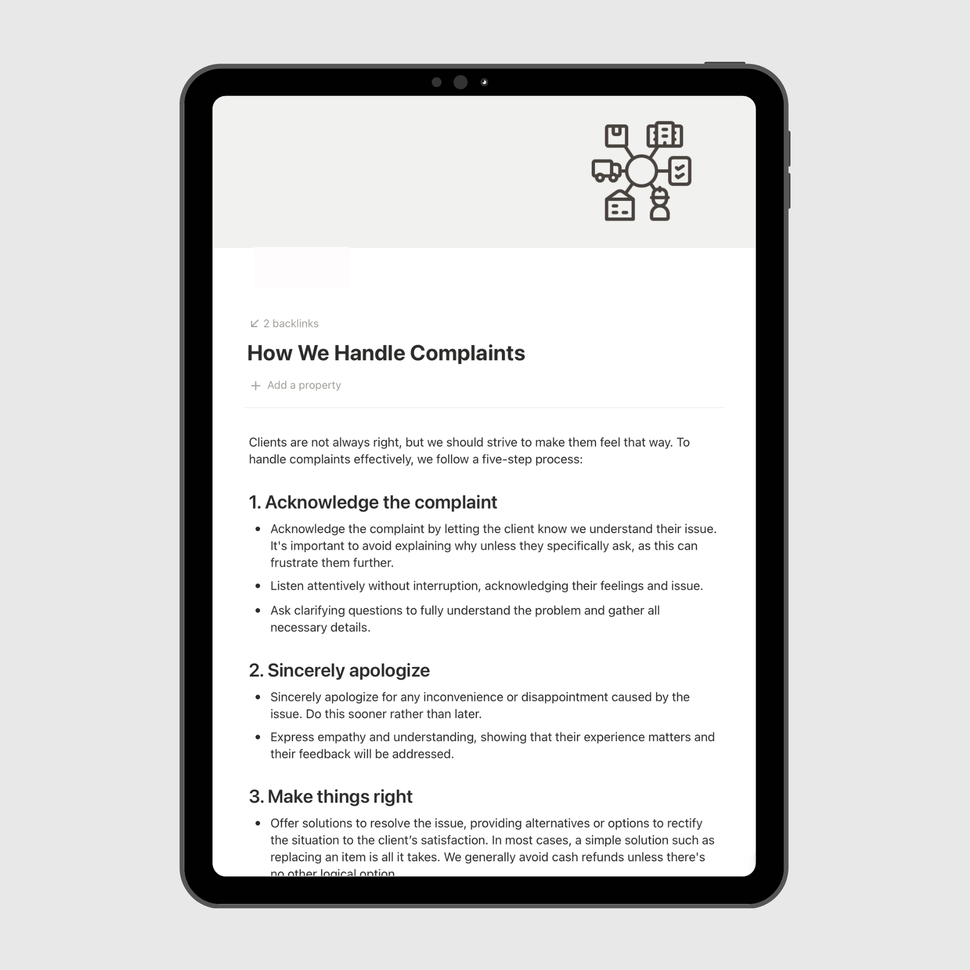 Tablet displaying a document titled 'How We Handle Complaints' on a light gray background