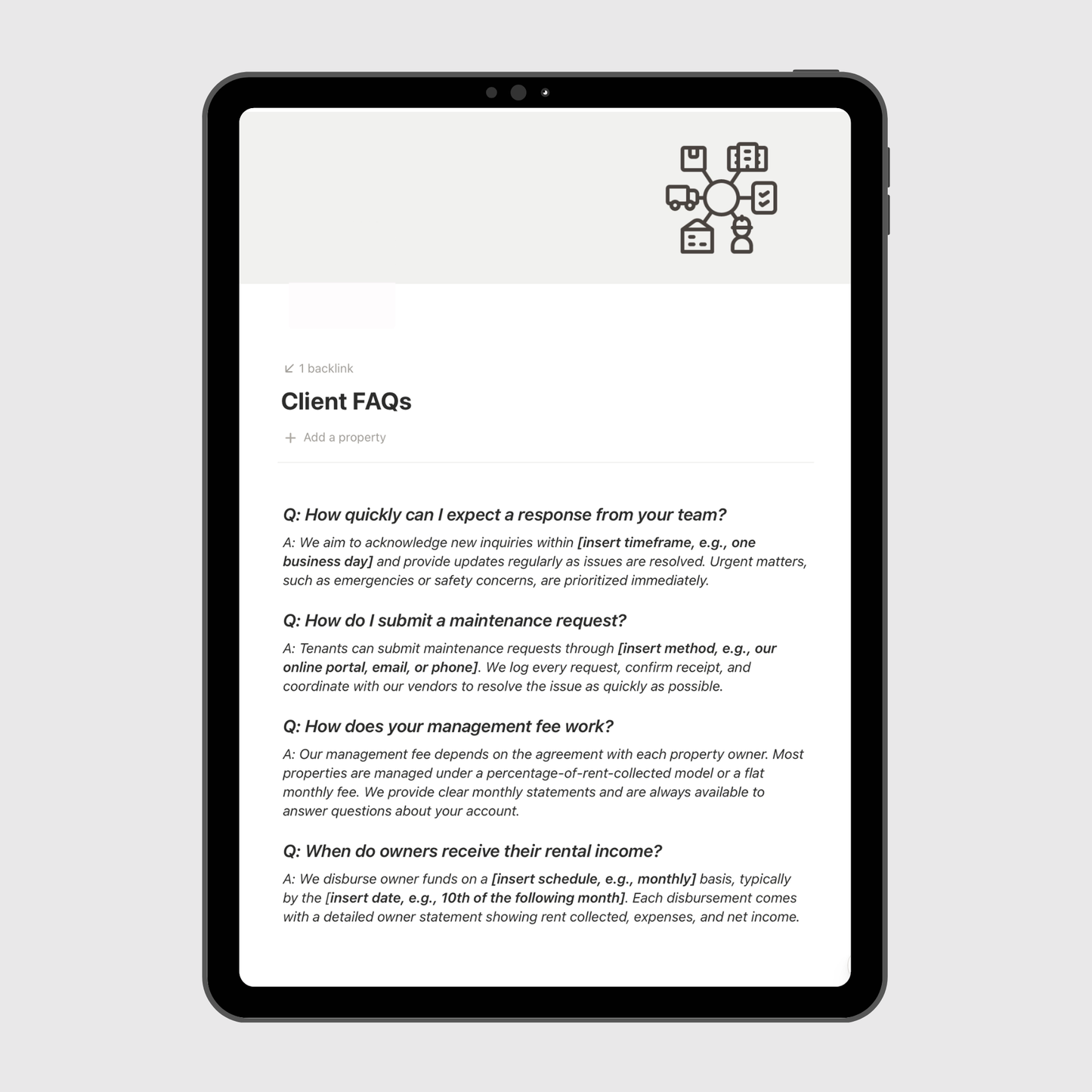 Tablet displaying a Client FAQs section on a white background