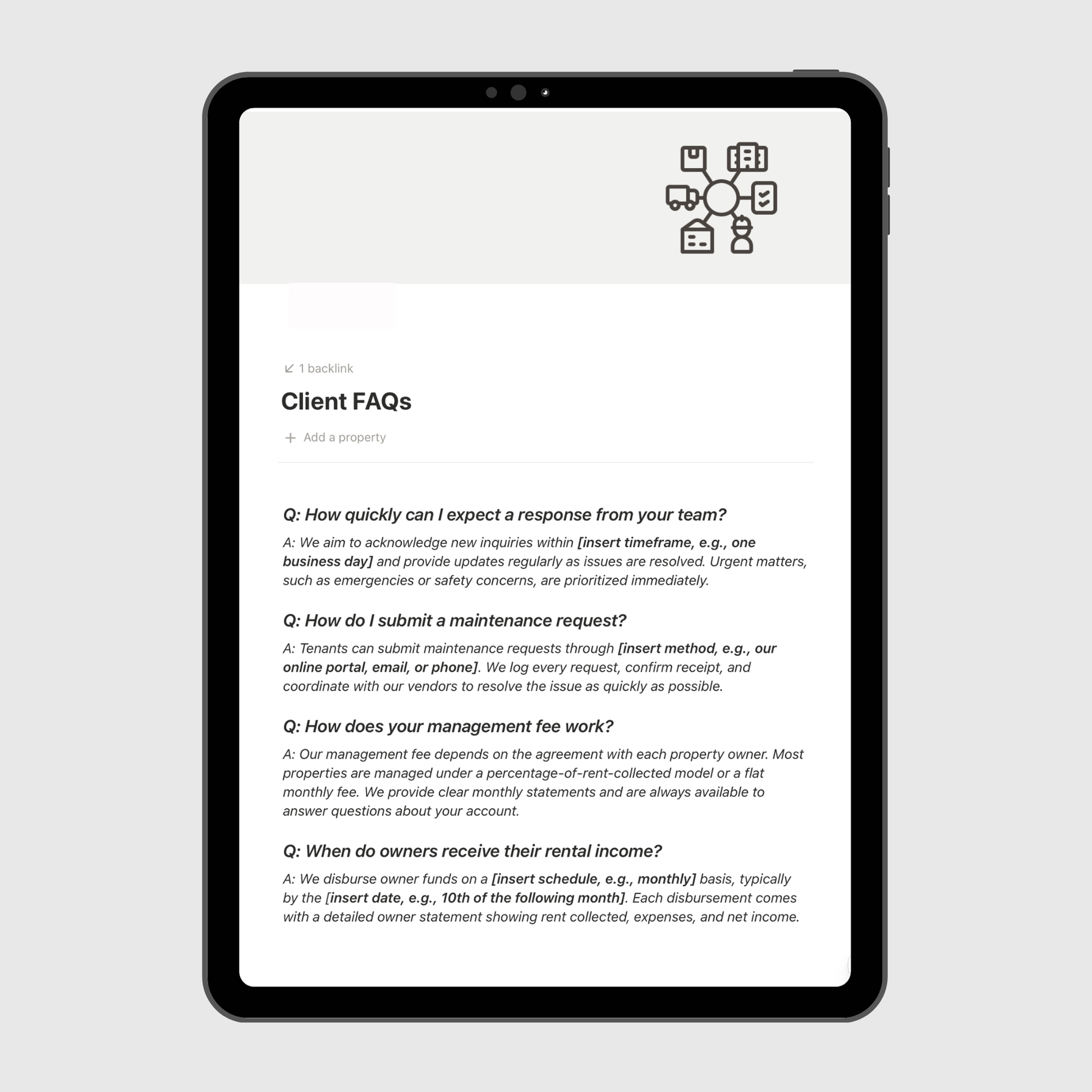 Tablet displaying a Client FAQs section on a white background