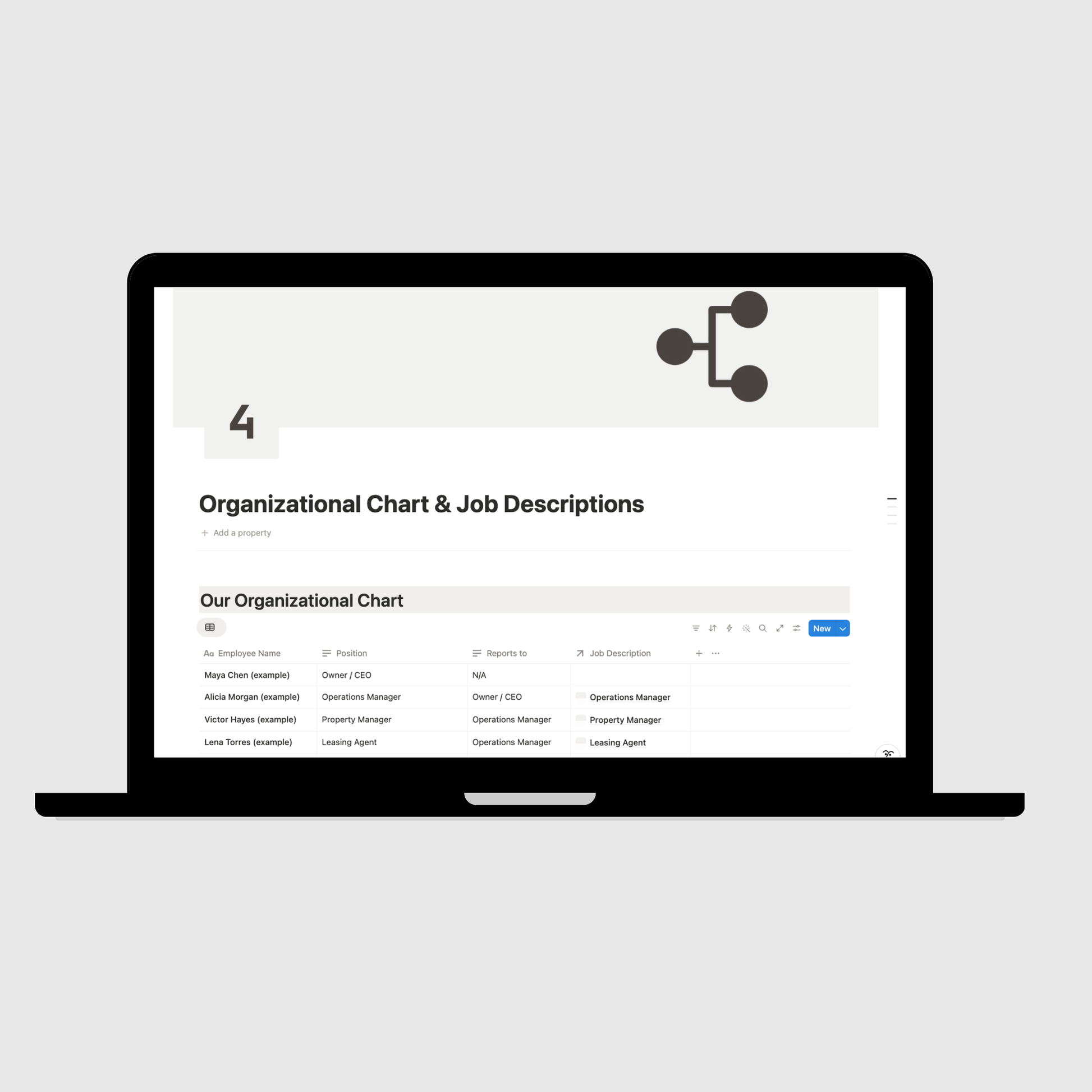 Laptop displaying an organizational chart and job descriptions on a light gray background