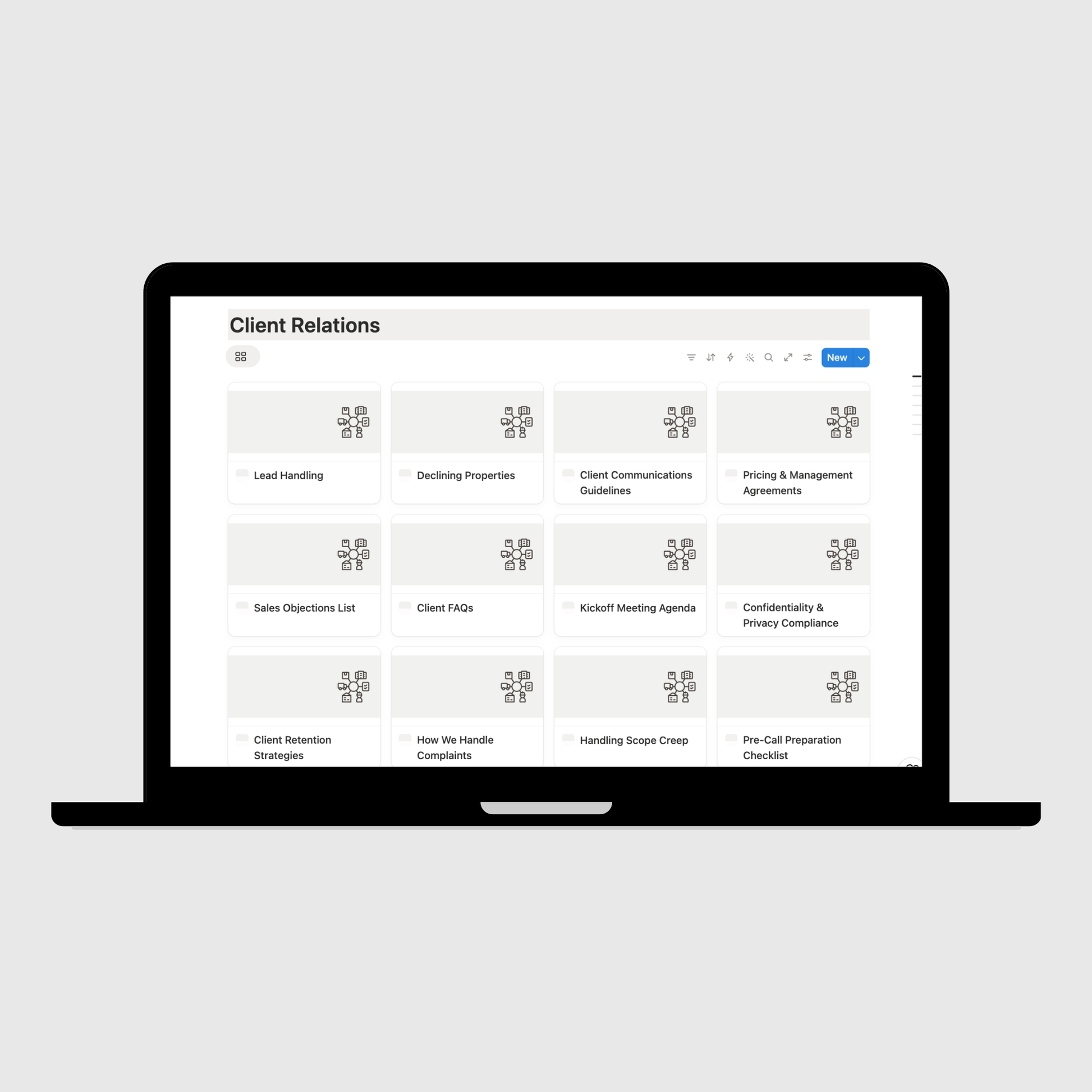 Laptop displaying a client relations management software interface on a light gray background