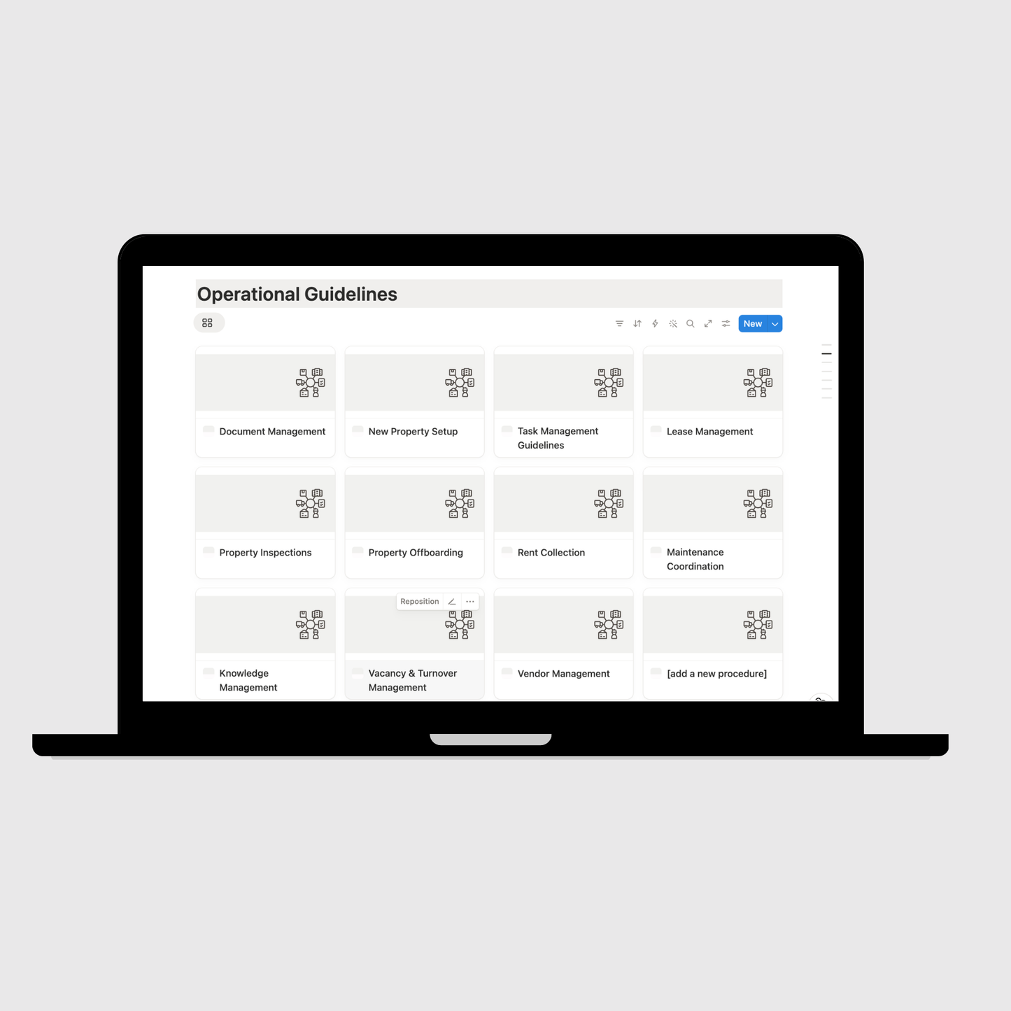 Laptop displaying an 'Operational Guidelines' interface with various listed items on a light gray background.