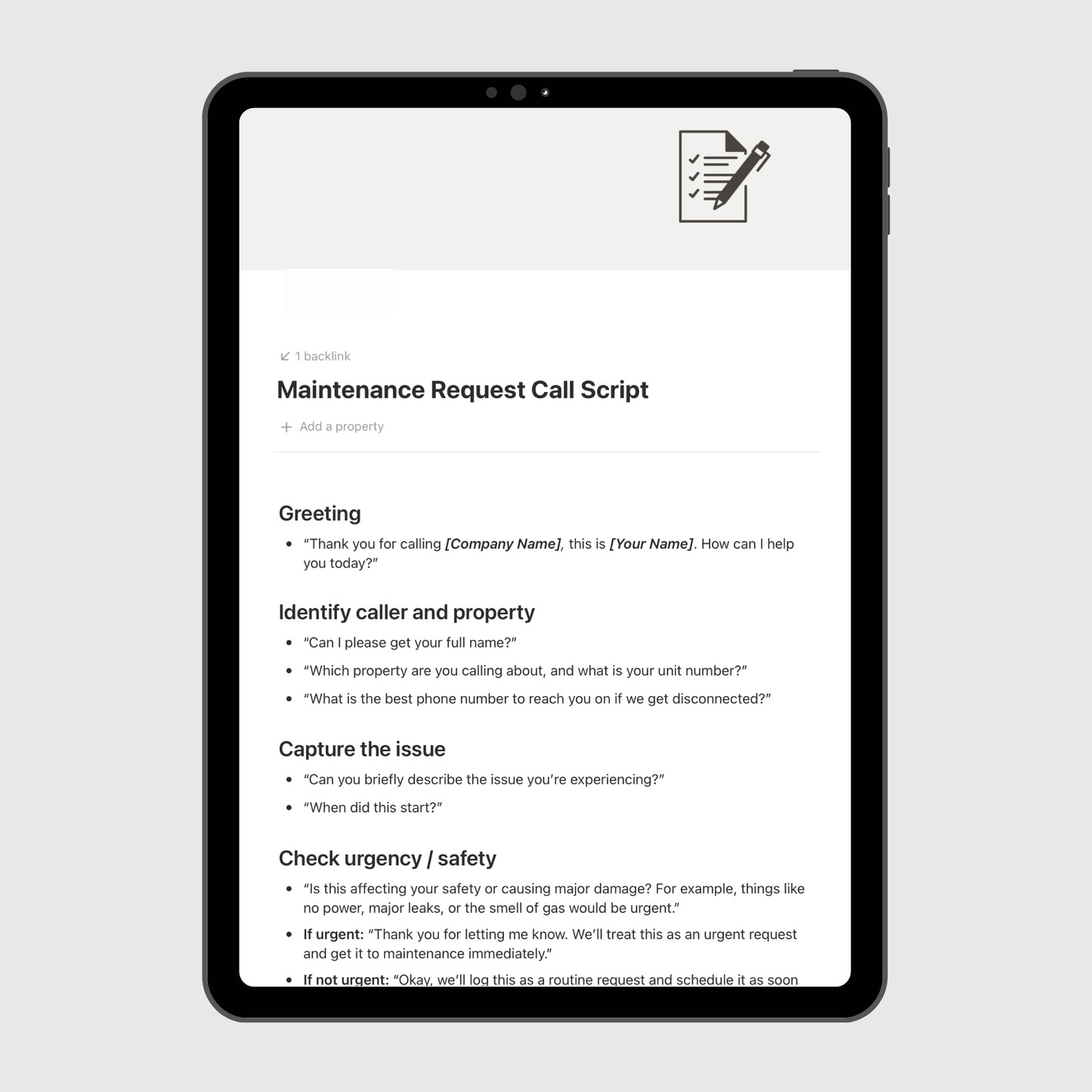 Tablet displaying a maintenance request call script on a white background