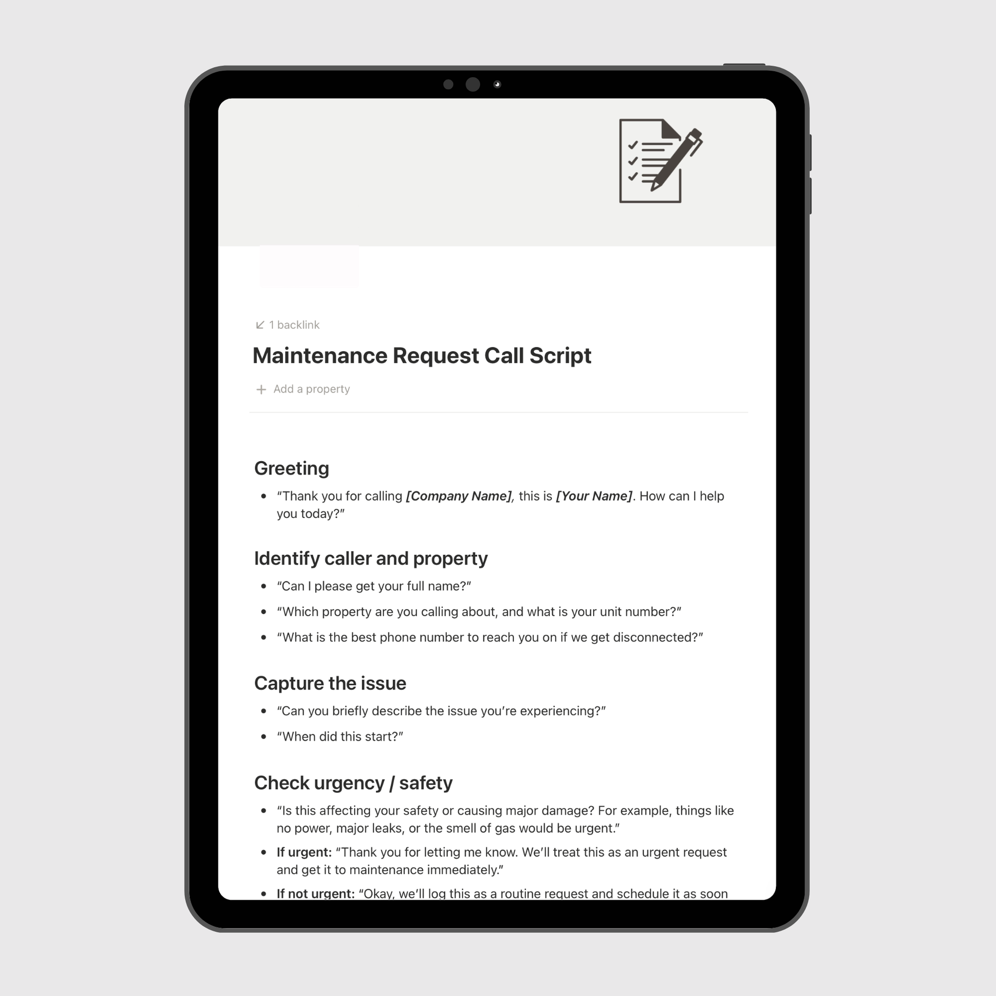 Tablet displaying a maintenance request call script on a white background