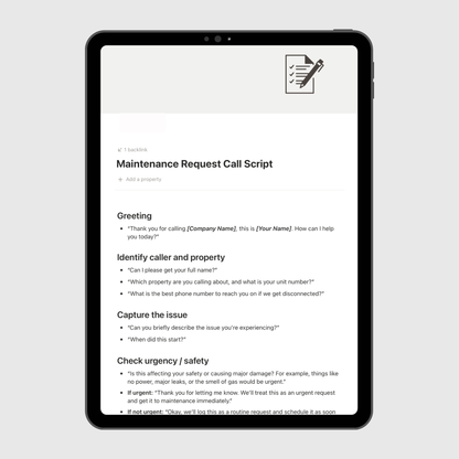 Tablet displaying a maintenance request call script on a white background