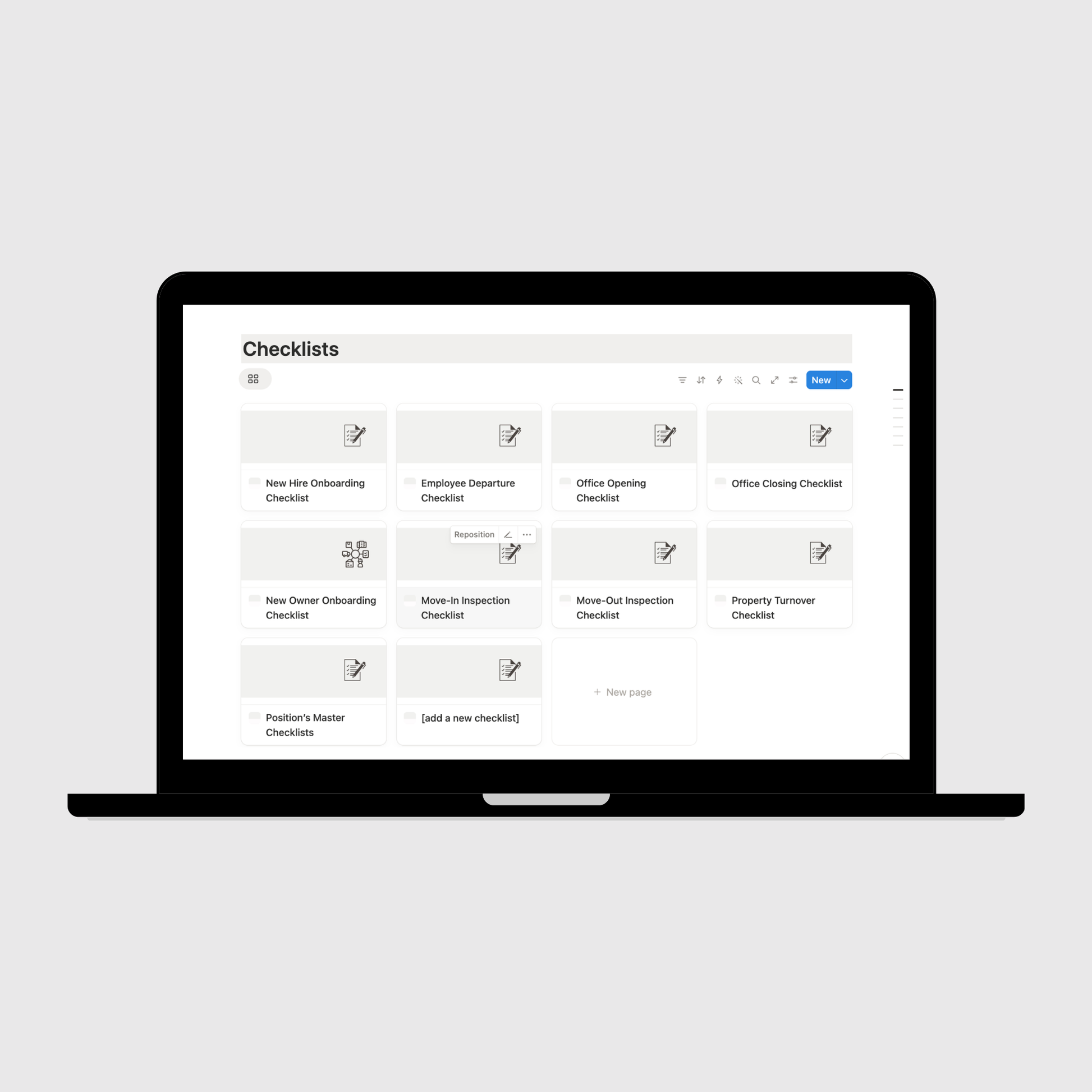 Laptop displaying a checklist application on a light gray background
