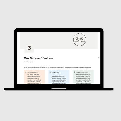 Laptop displaying the culture and values page of an operations manual on a light gray background