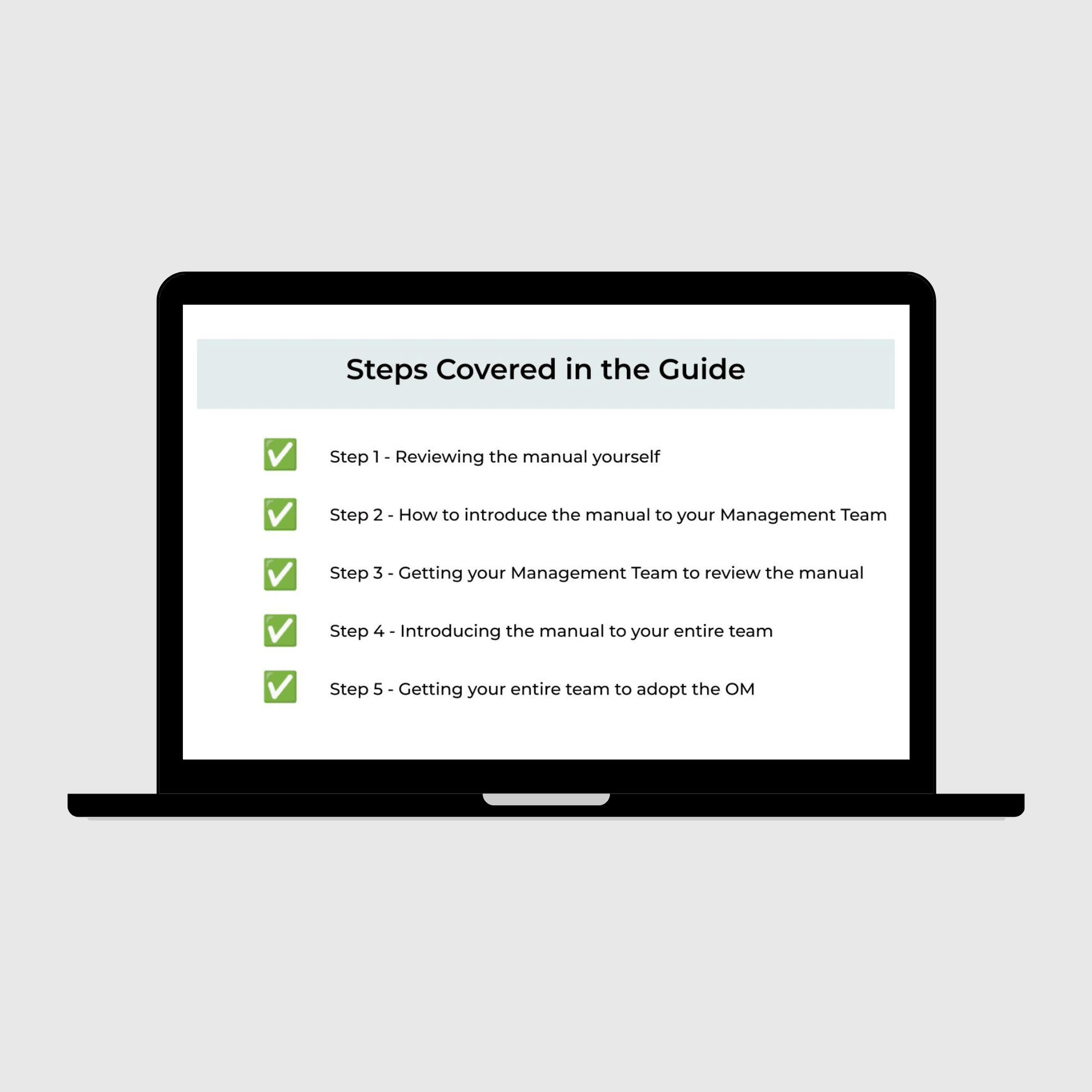 Laptop displaying a guide with steps on a light gray background