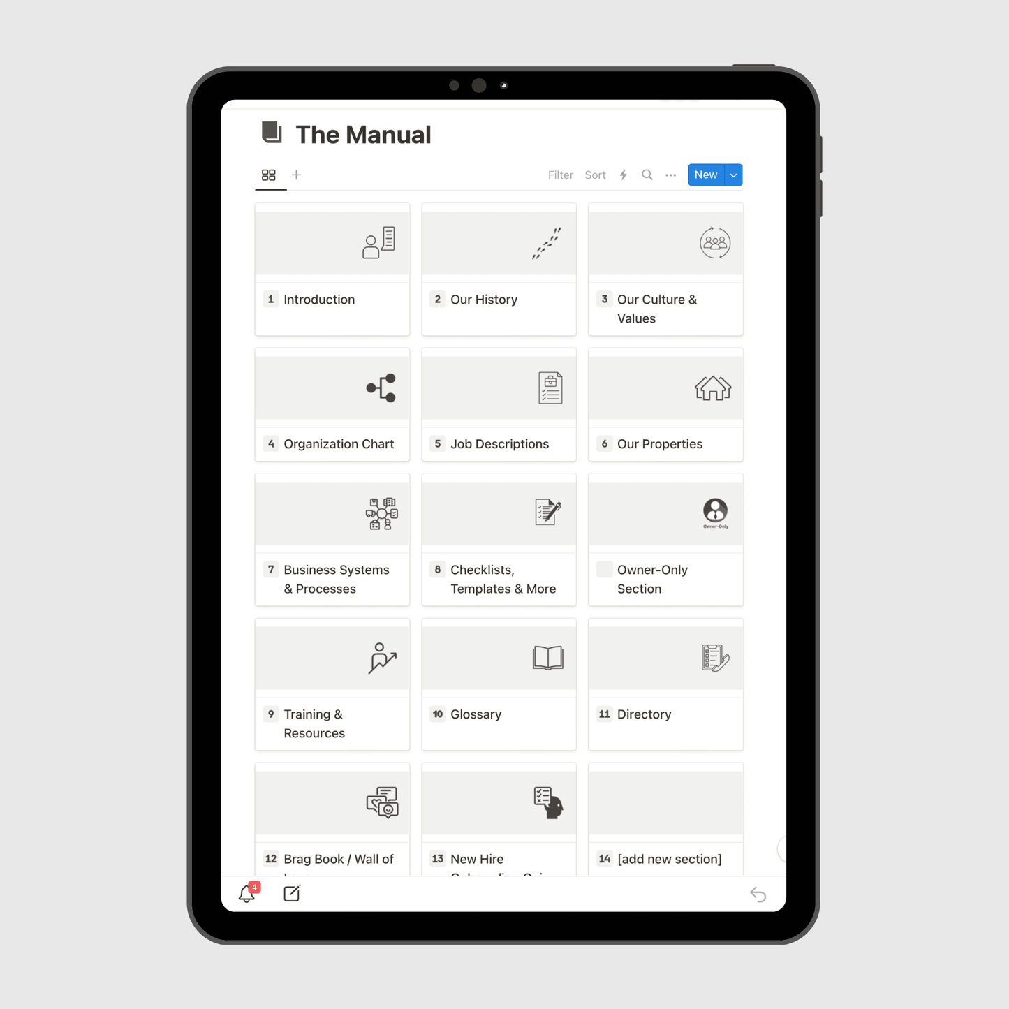 Tablet displaying “The Manual” section of an Airbnb Business Operations Manual Notion template with sections for company history, culture and values, job descriptions, emergency procedures, and business systems.
