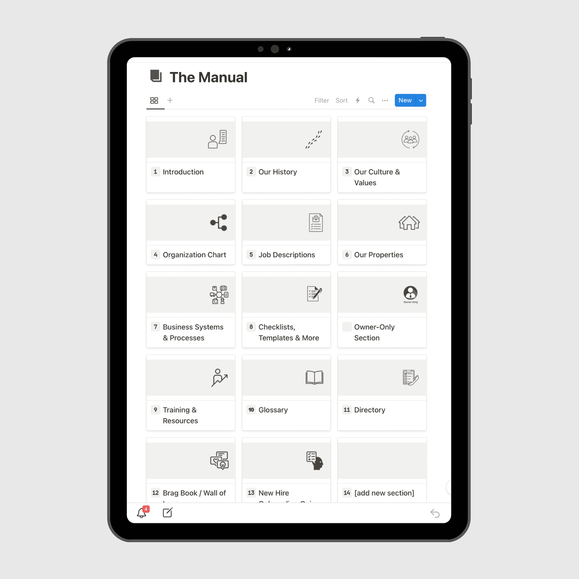 Tablet displaying “The Manual” section of an Airbnb Business Operations Manual Notion template with sections for company history, culture and values, job descriptions, emergency procedures, and business systems.
