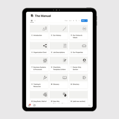 Tablet displaying “The Manual” section of an Airbnb Business Operations Manual Notion template with sections for company history, culture and values, job descriptions, emergency procedures, and business systems.
