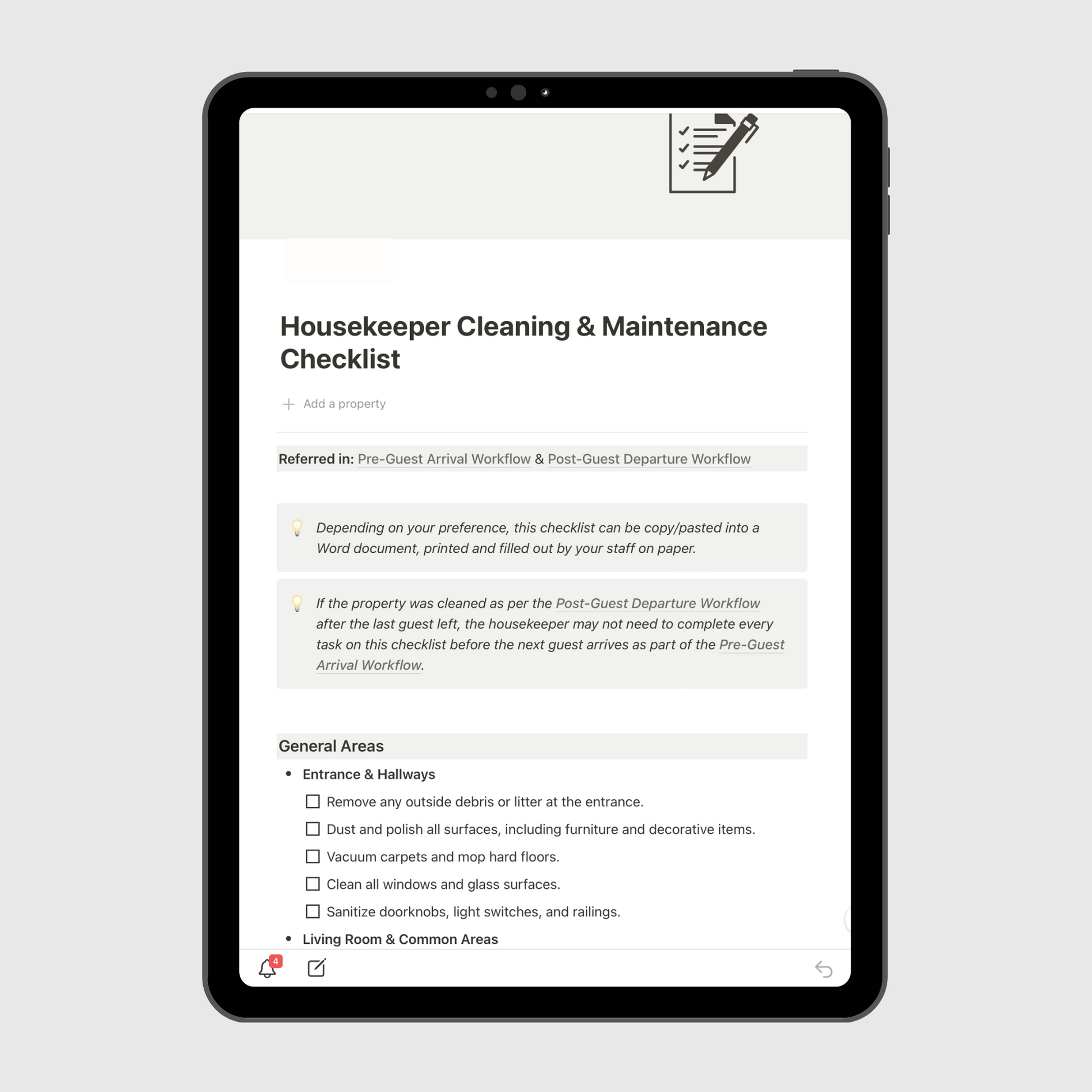 Notion Airbnb Operations Manual template displayed on a tablet, showing a detailed Housekeeper Cleaning & Maintenance Checklist with inspection and sanitation steps for short-term rental properties.