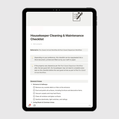 Notion Airbnb Operations Manual template displayed on a tablet, showing a detailed Housekeeper Cleaning & Maintenance Checklist with inspection and sanitation steps for short-term rental properties.