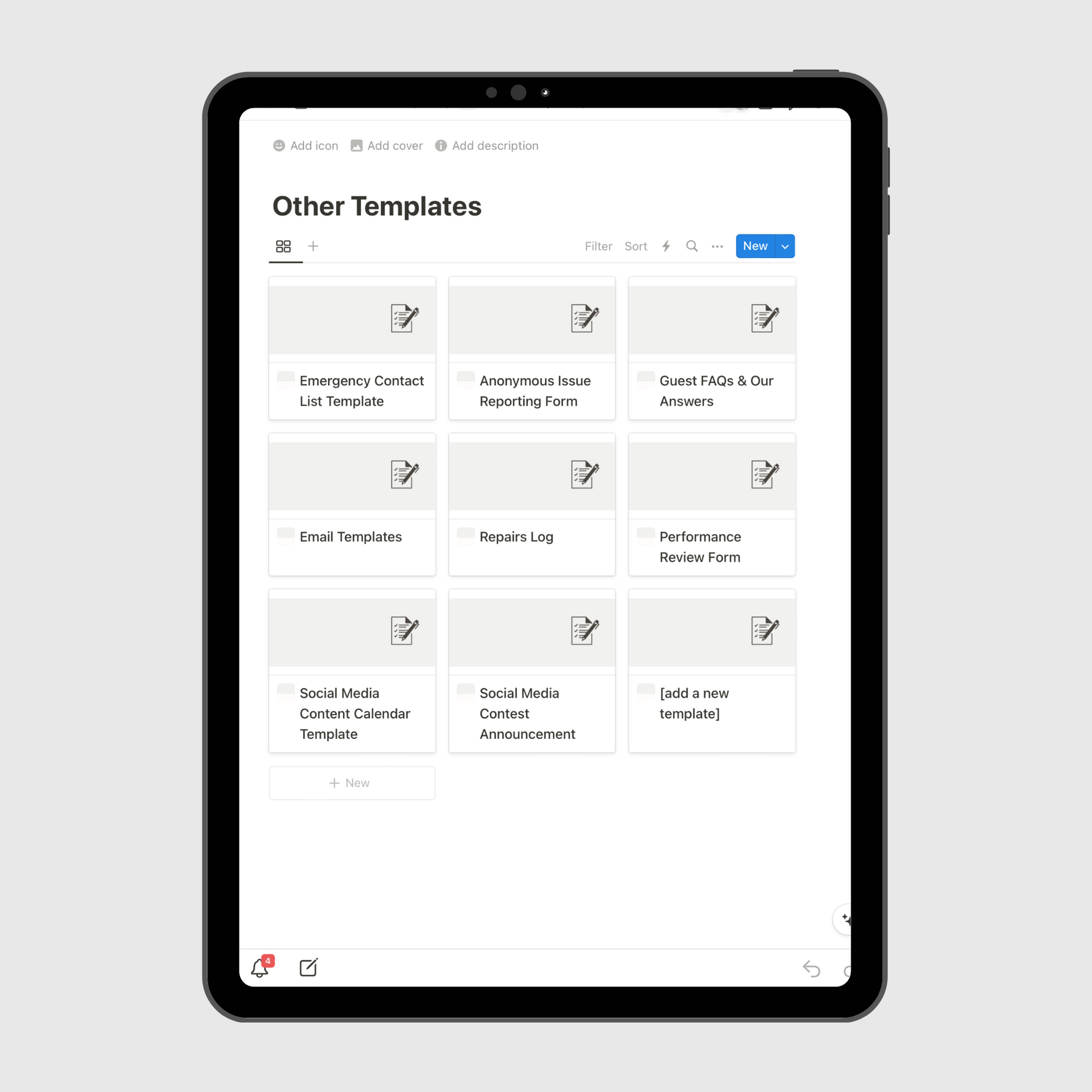 Notion Airbnb Operations Manual template on a tablet displaying the Other Templates dashboard, including forms and templates such as emergency contacts, performance reviews, and guest FAQs for property management teams.
