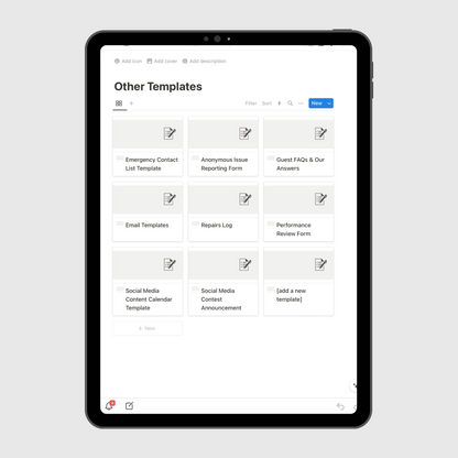 Notion Airbnb Operations Manual template on a tablet displaying the Other Templates dashboard, including forms and templates such as emergency contacts, performance reviews, and guest FAQs for property management teams.