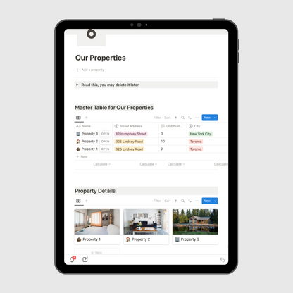 Notion Airbnb Operations Manual template displayed on a tablet, showing a master property management table with addresses, city tags, and image previews for multiple rental listings.