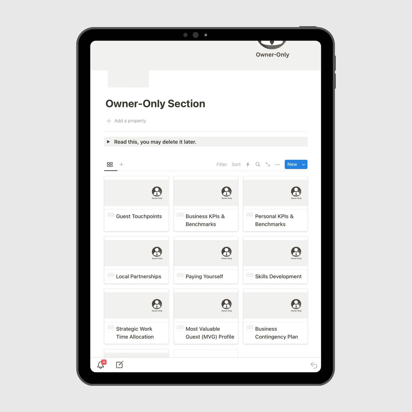 Notion Airbnb Operations Manual template shown on a tablet with an Owner-Only Section dashboard containing business KPIs, strategy plans, partnerships, and financial management tools for property owners.