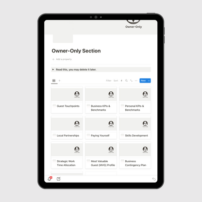 Notion Airbnb Operations Manual template shown on a tablet with an Owner-Only Section dashboard containing business KPIs, strategy plans, partnerships, and financial management tools for property owners.