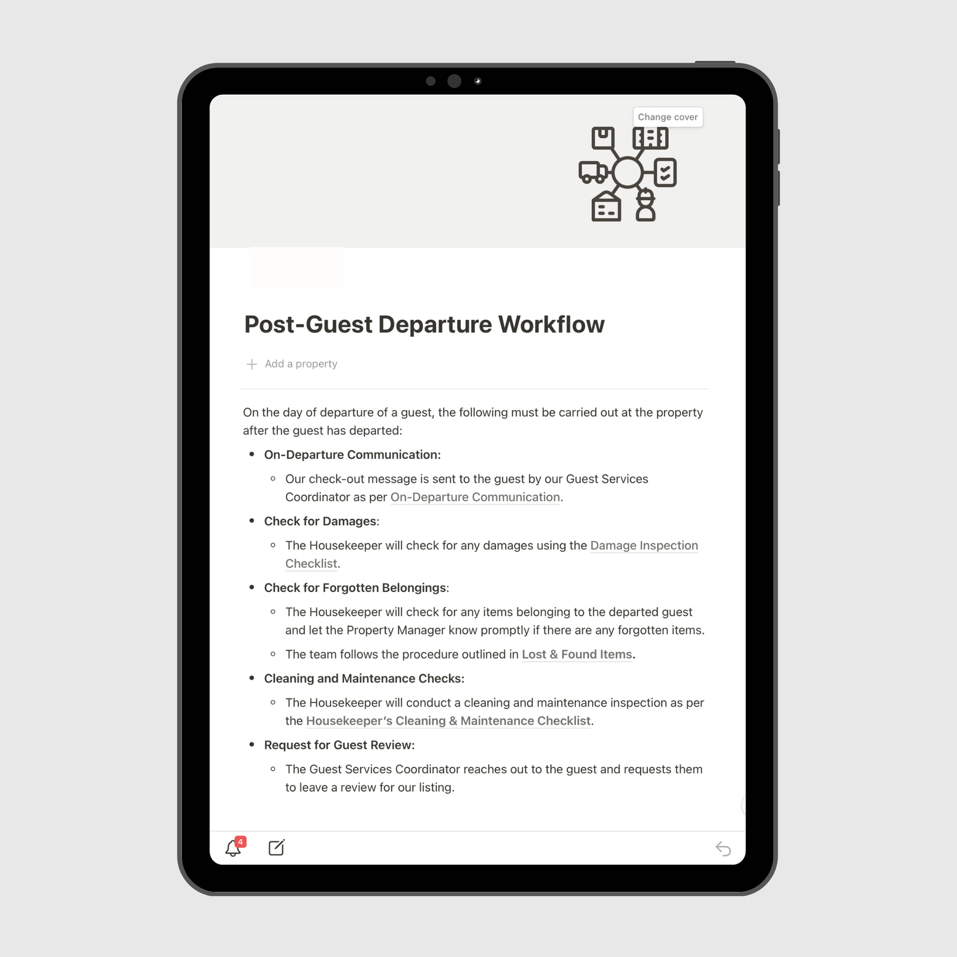 Notion Airbnb Operations Manual template displayed on a tablet, featuring the Post-Guest Departure Workflow outlining property checks, housekeeping, maintenance, and guest review follow-up steps after checkout.