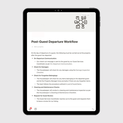Notion Airbnb Operations Manual template displayed on a tablet, featuring the Post-Guest Departure Workflow outlining property checks, housekeeping, maintenance, and guest review follow-up steps after checkout.