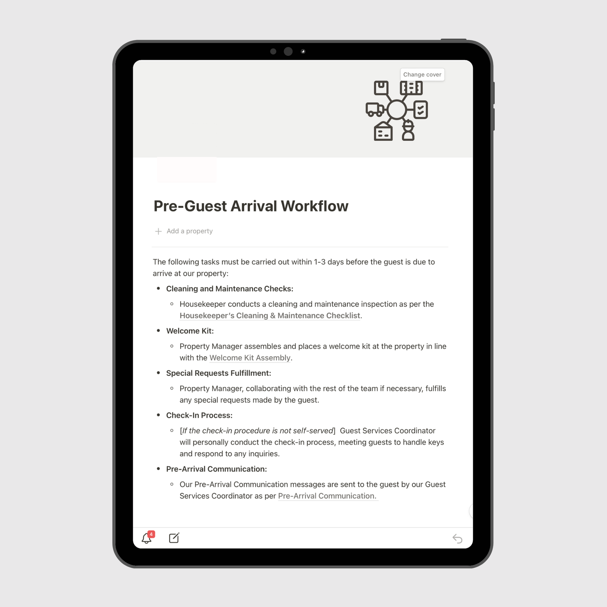 Airbnb Operations Manual Notion template shown on a tablet, highlighting the Pre-Guest Arrival Workflow with cleaning, welcome kit setup, special requests, and check-in preparation steps for hosts and managers.