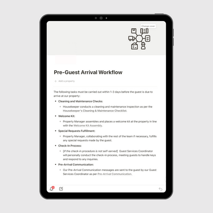 Airbnb Operations Manual Notion template shown on a tablet, highlighting the Pre-Guest Arrival Workflow with cleaning, welcome kit setup, special requests, and check-in preparation steps for hosts and managers.