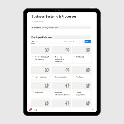 Notion Airbnb Operations Manual template shown on a tablet, highlighting the Business Systems & Processes section with Employee Relations templates like onboarding, communications, payroll, and scheduling tools.