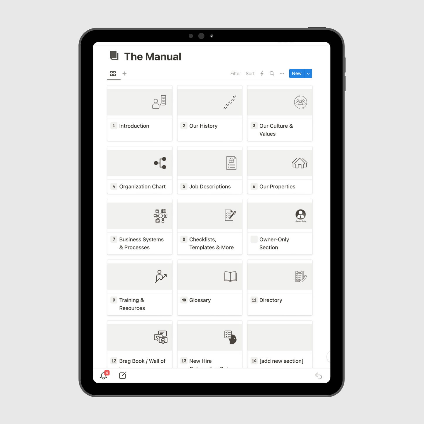 Tablet displaying “The Manual” section of an Airbnb Business Operations Manual Notion template with sections for company history, culture and values, job descriptions, emergency procedures, and business systems.
