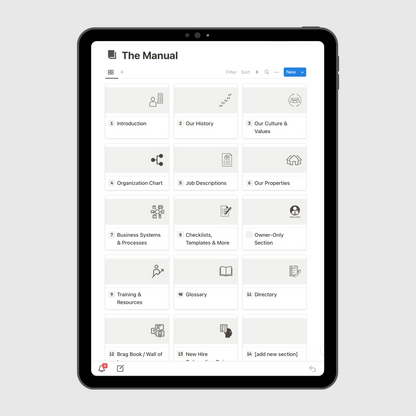 Tablet displaying “The Manual” section of an Airbnb Business Operations Manual Notion template with sections for company history, culture and values, job descriptions, emergency procedures, and business systems.
