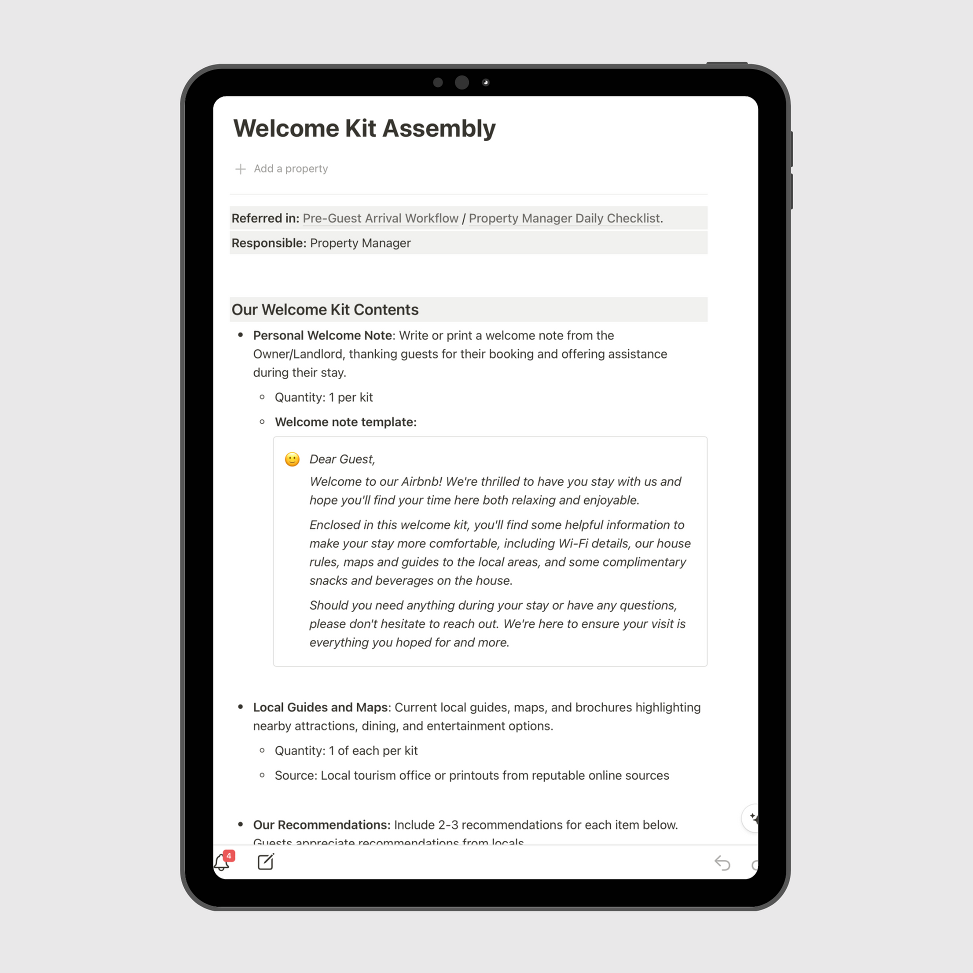 Airbnb Operations Manual Notion template on a tablet featuring the Welcome Kit Assembly guide, including sample welcome notes, local guides, and hospitality essentials for guest experience improvement.