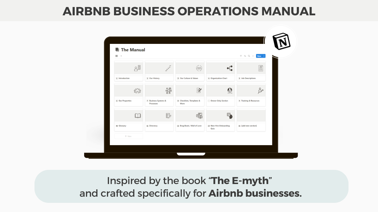 Notion Real Airbnb Business Operations Manual template promotion featuring a laptop with the manual open, emphasizing its inspiration from “The E-Myth” and its design for Airbnb businesses to streamline operations and documentation.