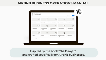 Notion Real Airbnb Business Operations Manual template promotion featuring a laptop with the manual open, emphasizing its inspiration from “The E-Myth” and its design for Airbnb businesses to streamline operations and documentation.
