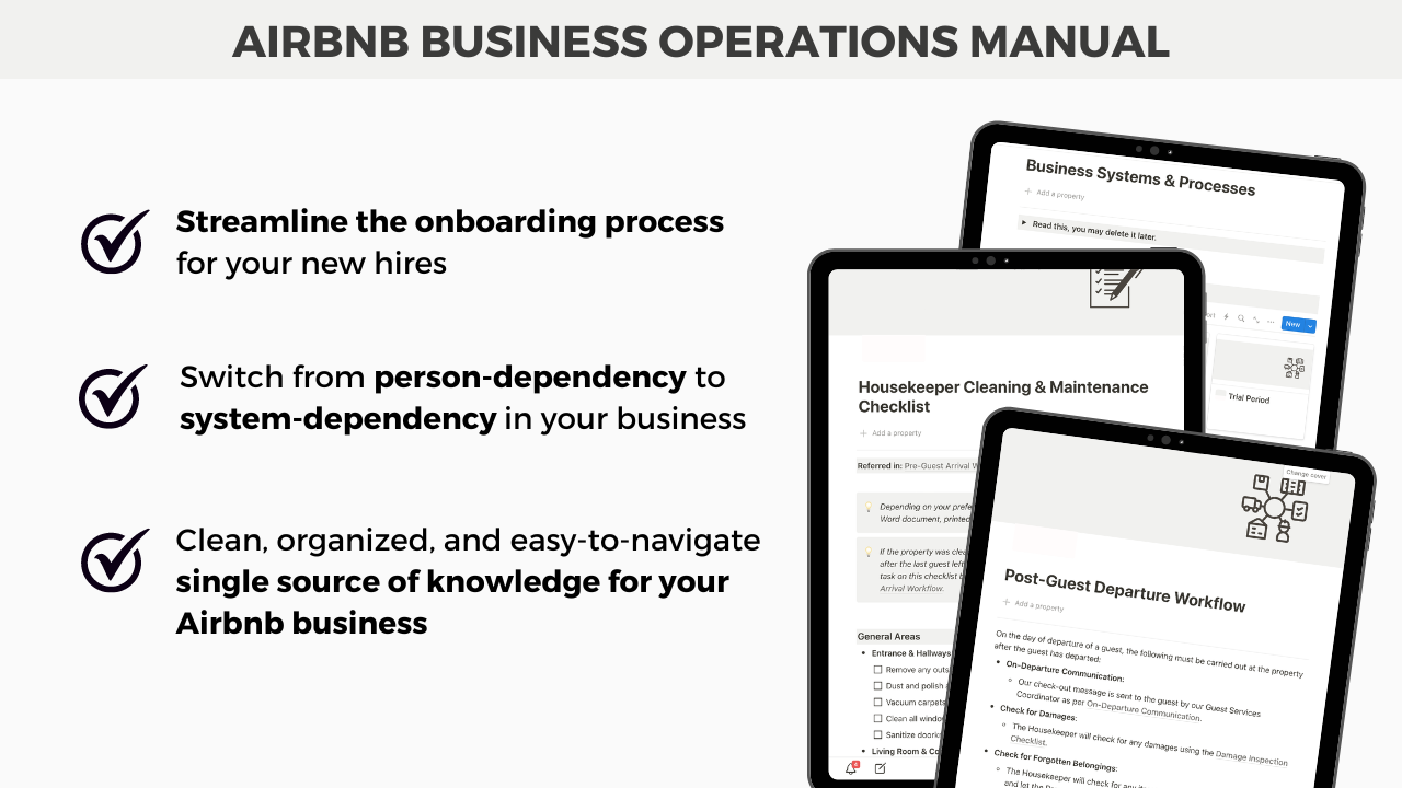Marketing image for the Notion Airbnb Business Operations Manual template, showcasing its benefits such as faster onboarding, team training, and converting person-dependent processes into system-dependent workflows.