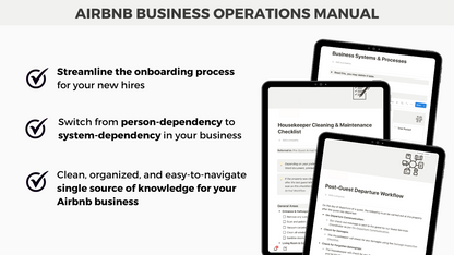 Marketing image for the Notion Airbnb Business Operations Manual template, showcasing its benefits such as faster onboarding, team training, and converting person-dependent processes into system-dependent workflows.