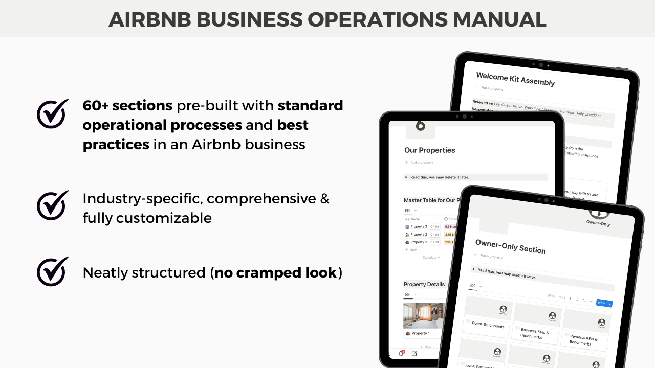 Notion Airbnb Business Operations Manual promotional image highlighting over 60 pre-built sections with best practices, industry-specific workflows, and fully customizable templates for real estate agencies.