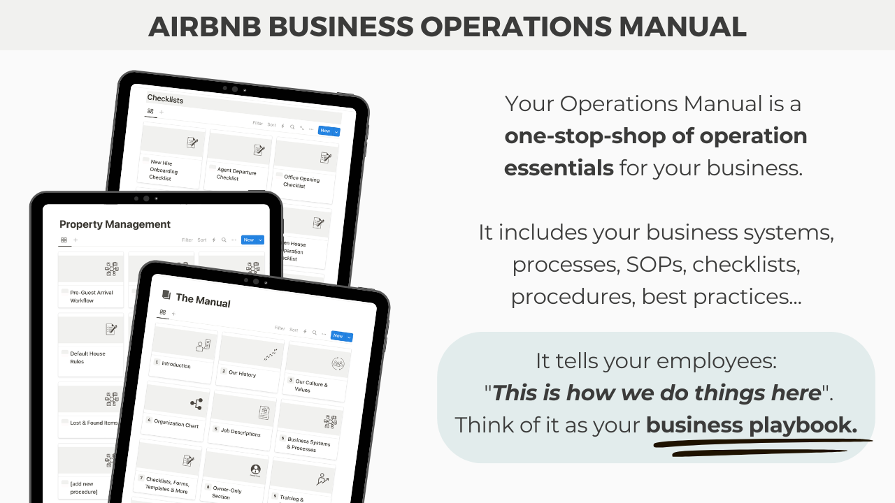Promotional image of the Airbnb Business Operations Manual Notion template, showing multiple digital sections with checklists and SOPs designed to organize business systems, team workflows, and property management processes.