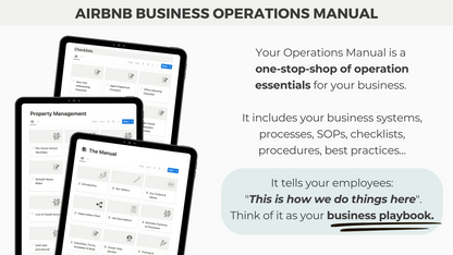 Promotional image of the Airbnb Business Operations Manual Notion template, showing multiple digital sections with checklists and SOPs designed to organize business systems, team workflows, and property management processes.