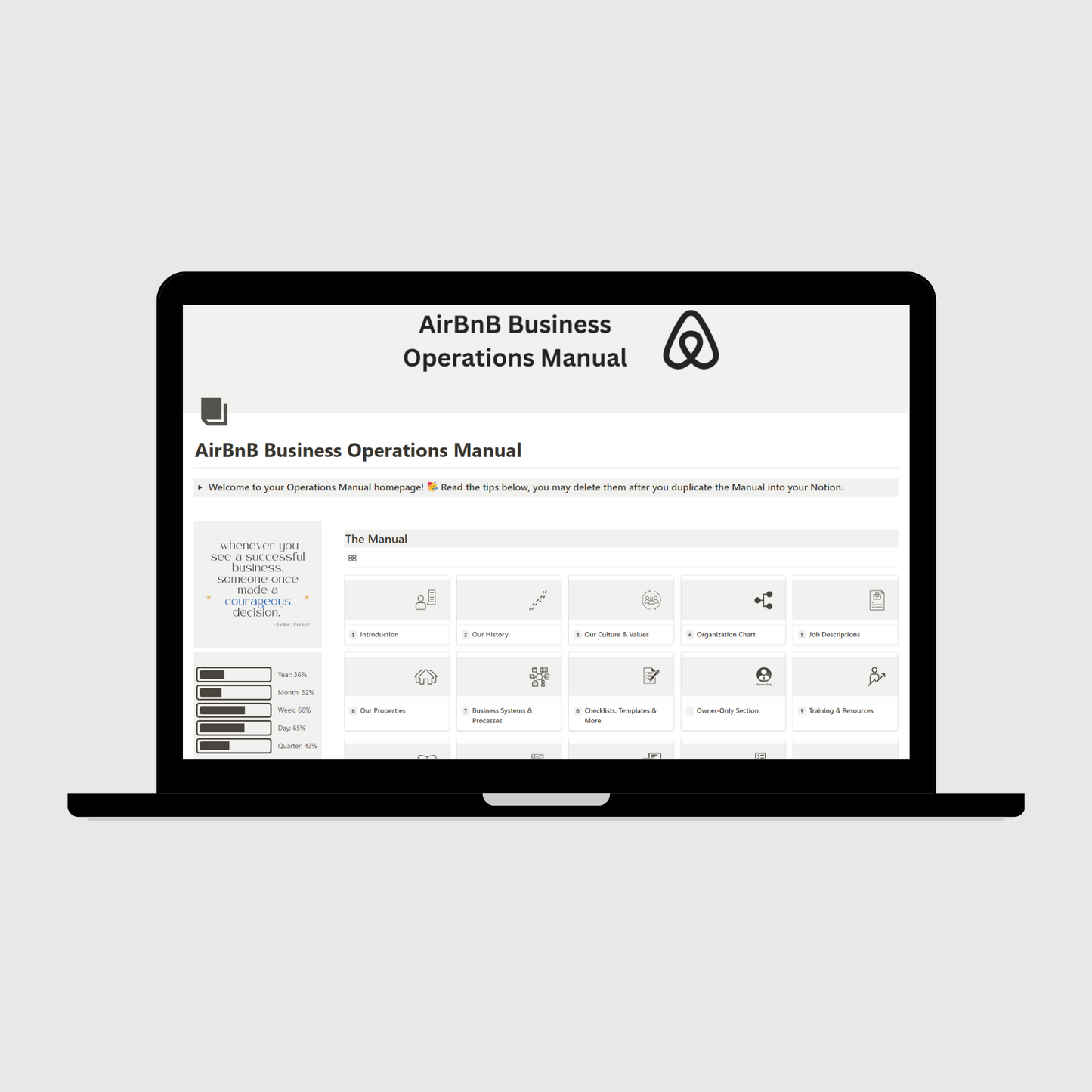 Notion Operations Manual template for Airbnb businesses shown on a laptop, featuring organized sections for company systems and team information, with a sidebar displaying motivational quotes and productivity progress trackers.