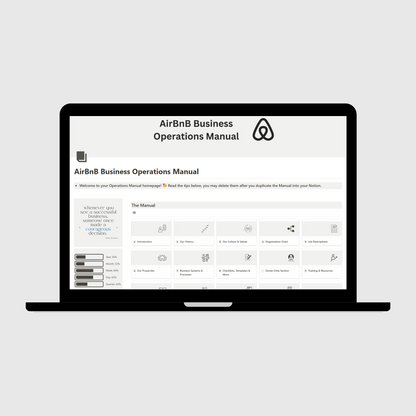 Notion Operations Manual template for Airbnb businesses shown on a laptop, featuring organized sections for company systems and team information, with a sidebar displaying motivational quotes and productivity progress trackers.