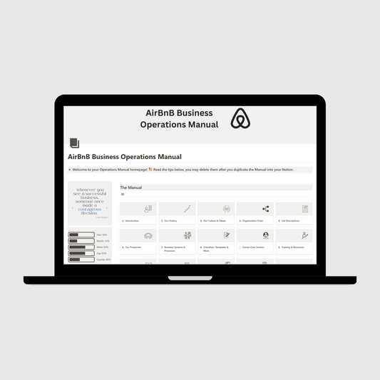 Notion Operations Manual template for Airbnb businesses shown on a laptop, featuring organized sections for company systems and team information, with a sidebar displaying motivational quotes and productivity progress trackers.
