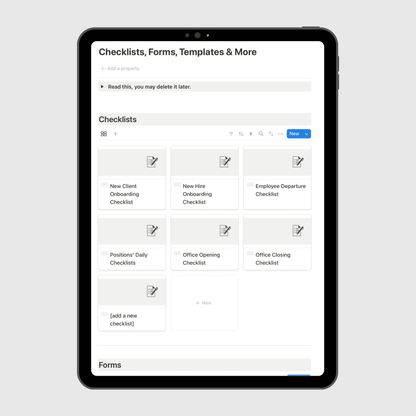 Tablet displaying a Notion template section titled “Checklists, Forms & How-To Guides” for coaching business operations, featuring editable cards including: new client and hire onboarding checklists, a customer feedback form, and an employee performance review checklist.